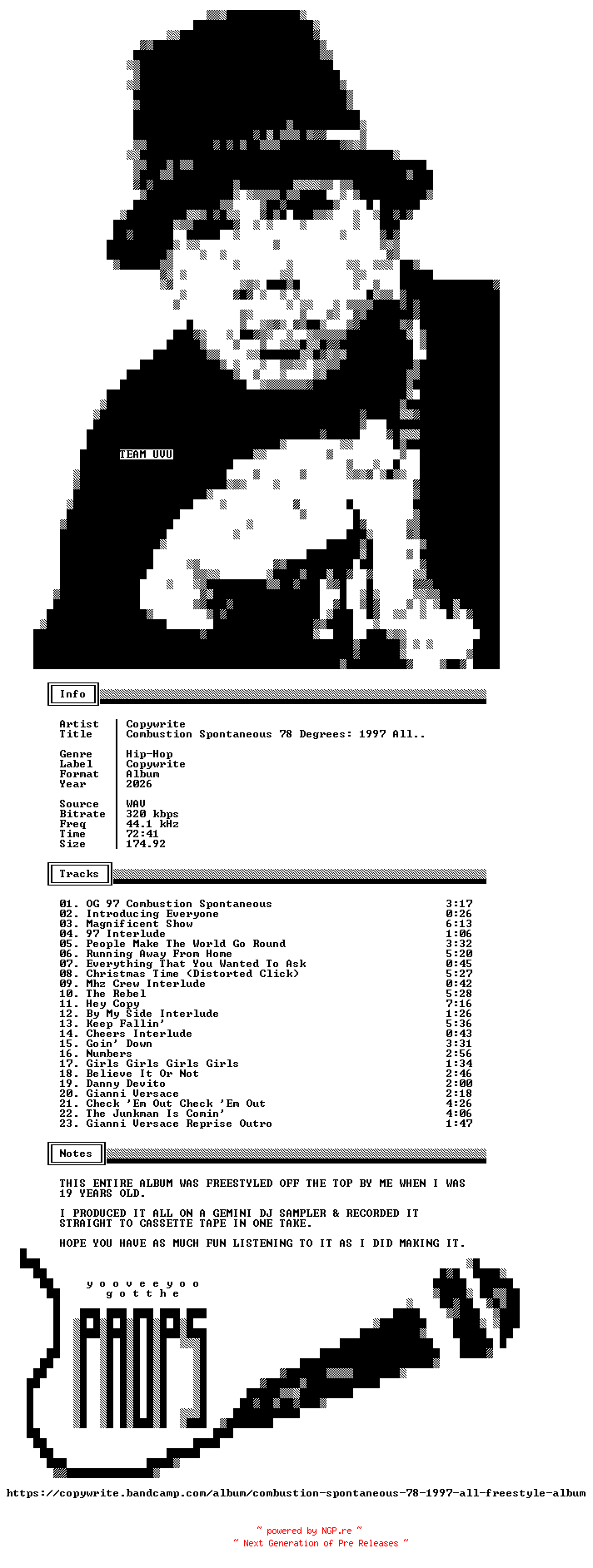 NFO for the release Copywrite-Combustion_Spontaneous_78_Degrees-1997_All_Freestyle_Album-WEB-2026-UVU by UVU