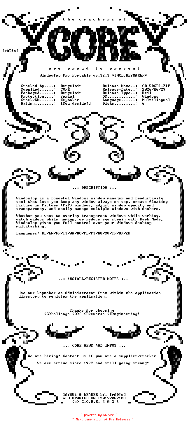 NFO for the release WindowTop.Pro.Portable.v5.32.3.ARM64.Multilingual.Incl.Keymaker-CORE by CORE