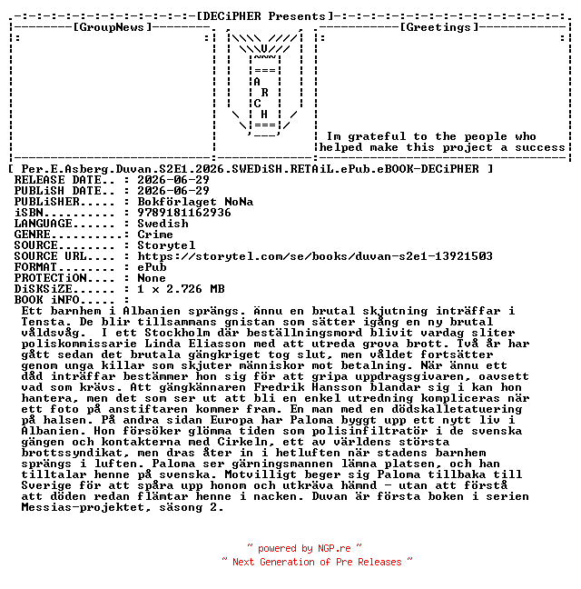 NFO for the release Per.E.Asberg.Duvan.S2E1.2026.SWEDiSH.RETAiL.ePub.eBOOK-DECiPHER by DECiPHER
