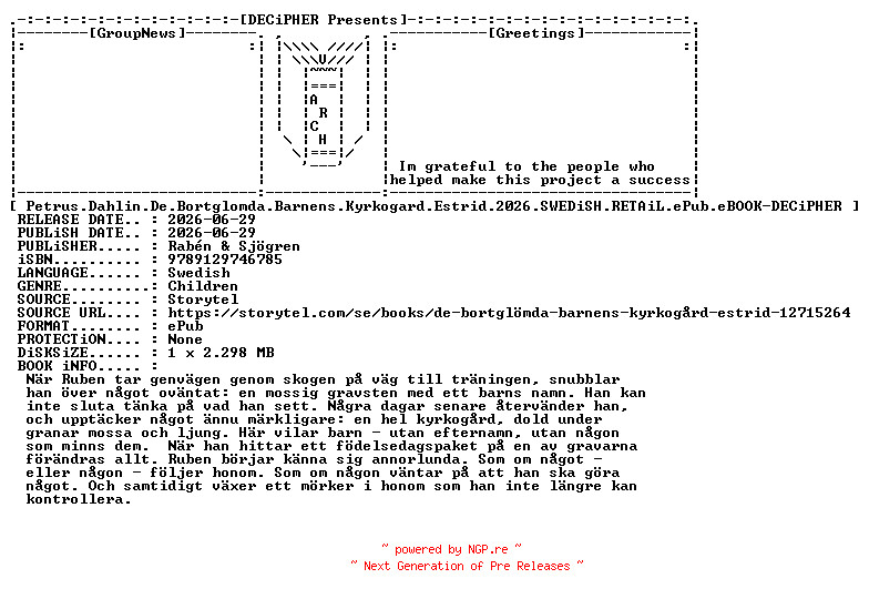 NFO for the release Petrus.Dahlin.De.Bortglomda.Barnens.Kyrkogard.Estrid.2026.SWEDiSH.RETAiL.ePub.eBOOK-DECiPHER by DECiPHER