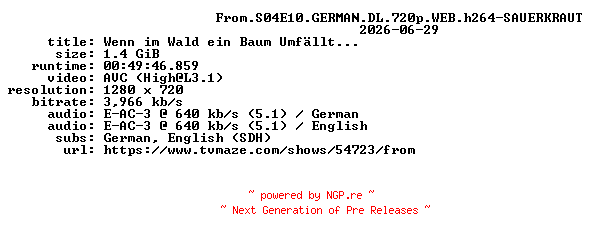 NFO for the release From.S04E10.GERMAN.DL.720p.WEB.h264-SAUERKRAUT by SAUERKRAUT