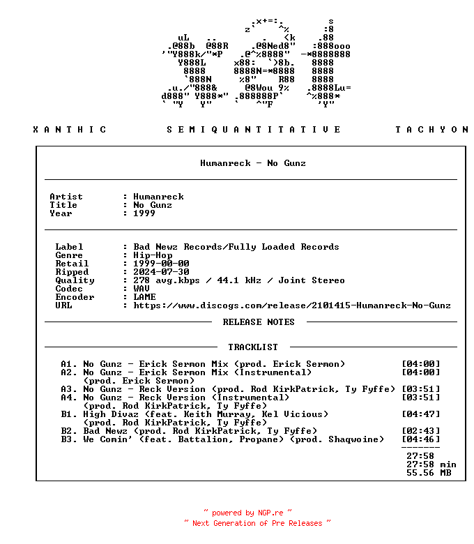 NFO for the release Humanreck-No_Gunz-(5667-NOGUNS-1_S-40597)-Promo_VLS-1999-xST by xST