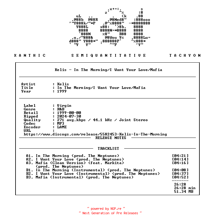 NFO for the release Kelis-In_The_Morning_I_Want_Your_Love_Mafia-(7087-6-15725-1-3)-Promo_VLS-1999-xST by xST