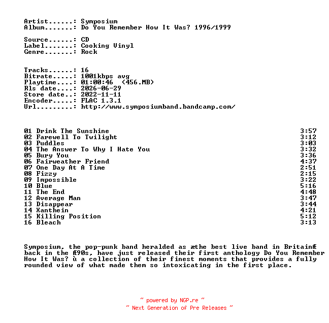 NFO for the release Symposium-Do_You_Remember_How_It_Was_1996-1999-CD-FLAC-2022-401 by 401
