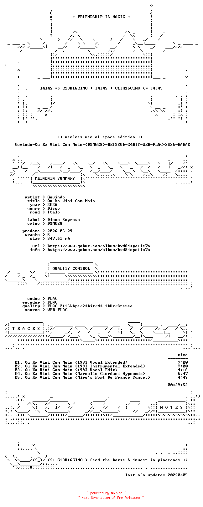 NFO for the release Govindo-Ou_Ka_Vini_Com_Moin-(DSM028)-REISSUE-24BIT-WEB-FLAC-2026-BABAS by BABAS