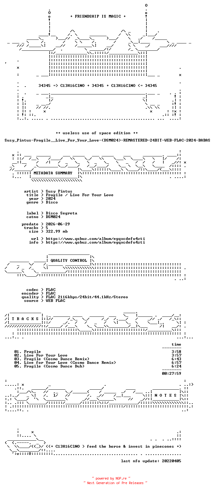 NFO for the release Susy_Pintus-Fragile__Live_For_Your_Love-(DSM024)-REMASTERED-24BIT-WEB-FLAC-2024-BABAS by BABAS