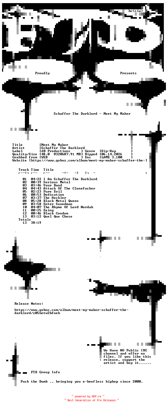 NFO for the release Schaffer_The_Darklord-Meet_My_Maker-WEB-2004-FTD by FTD