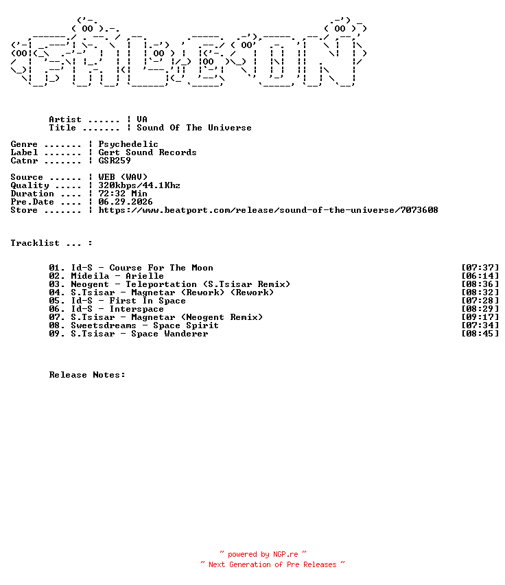 NFO for the release VA-Sound_Of_The_Universe-(GSR259)-WEB-2026-FALCON by FALCON