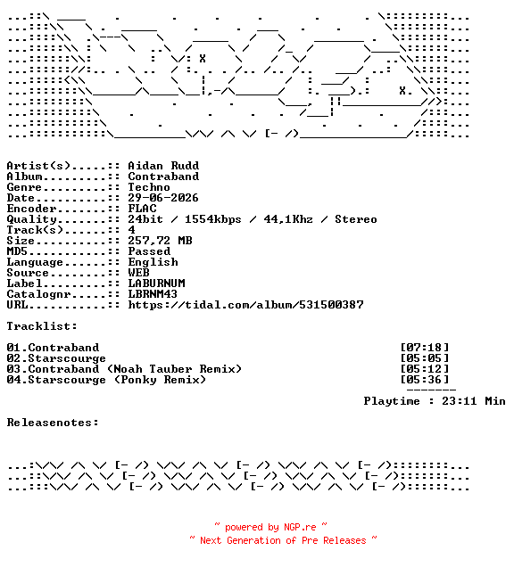 NFO for the release Aidan_Rudd-Contraband-LBRNM43-24BIT-WEB-FLAC-2026-WAVED by WAVED