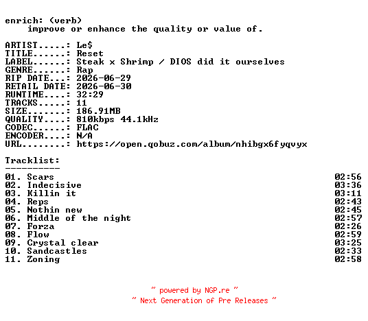 NFO for the release Les-Reset-16BIT-WEB-FLAC-2026-ENRiCH by ENRiCH