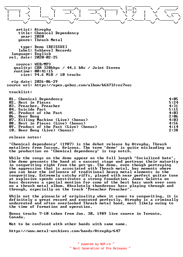 NFO for the release Atrophy-Chemical_Dependency-Reissue-Demo-WEB-2020-BLEEDiNG by BLEEDiNG