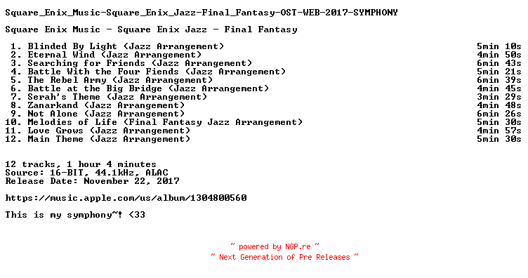 NFO for the release Square_Enix_Music-Square_Enix_Jazz-Final_Fantasy-OST-WEB-2017-SYMPHONY by SYMPHONY