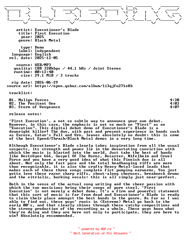NFO for the release Executioners_Blade-First_Execution-Demo-WEB-2025-BLEEDiNG by BLEEDiNG