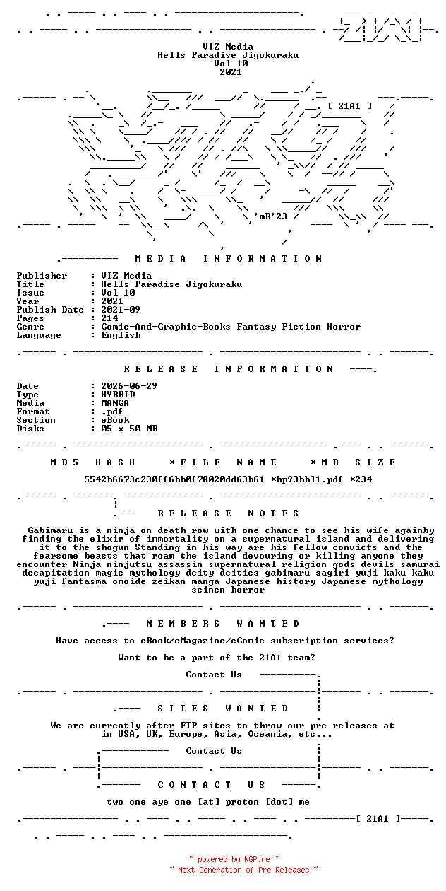 NFO for the release VIZ.Media.-.Hells.Paradise.Jigokuraku.Vol.10.2021.HYBRID.MANGA.eBook-21A1 by 21A1