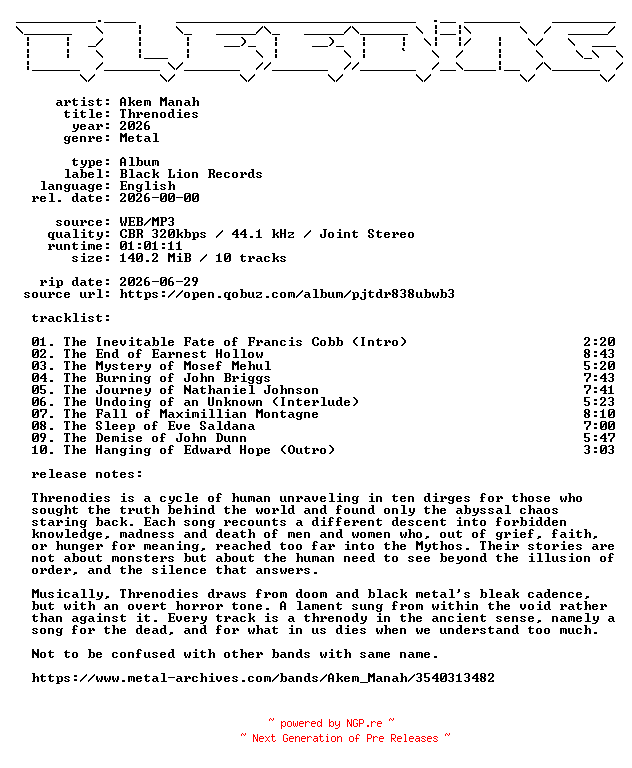 NFO for the release Akem_Manah-Threnodies-WEB-2026-BLEEDiNG by BLEEDiNG