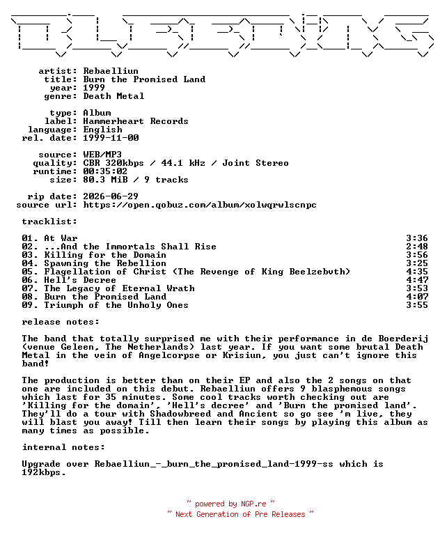 NFO for the release Rebaelliun-Burn_the_Promised_Land-WEB-1999-BLEEDiNG_iNT by BLEEDiNG_iNT