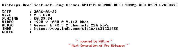 NFO for the release Historys.Deadliest.mit.Ving.Rhames.S01E10.GERMAN.DOKU.1080p.WEB.H264-SYNERGiE by SYNERGiE