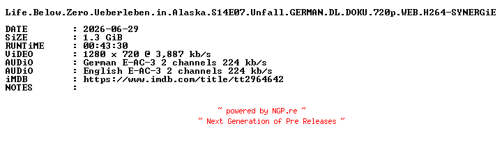 NFO for the release Life.Below.Zero.Ueberleben.in.Alaska.S14E07.Unfall.GERMAN.DL.DOKU.720p.WEB.H264-SYNERGiE by SYNERGiE