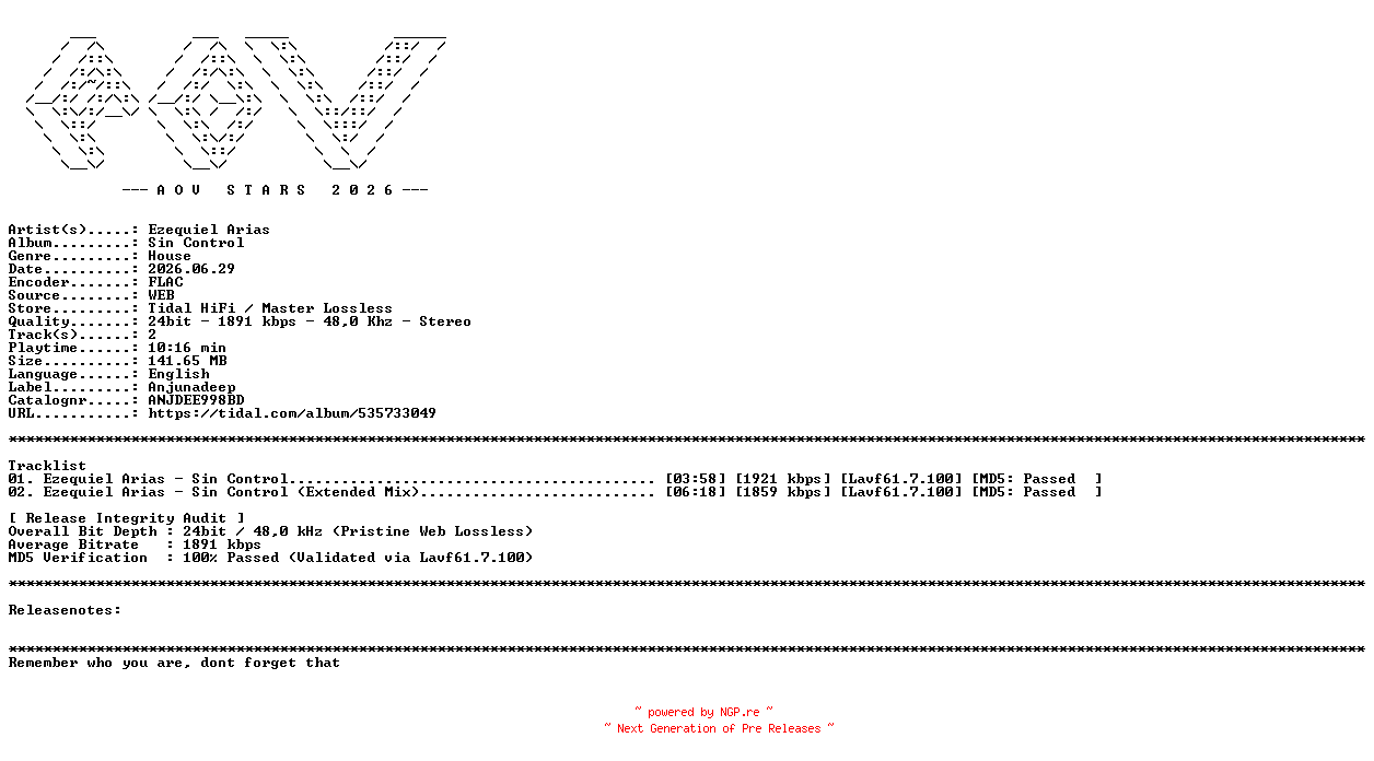 NFO for the release Ezequiel_Arias-Sin_Control-(ANJDEE998BD)-24BIT-WEB-FLAC-2026-AOVF by AOVF