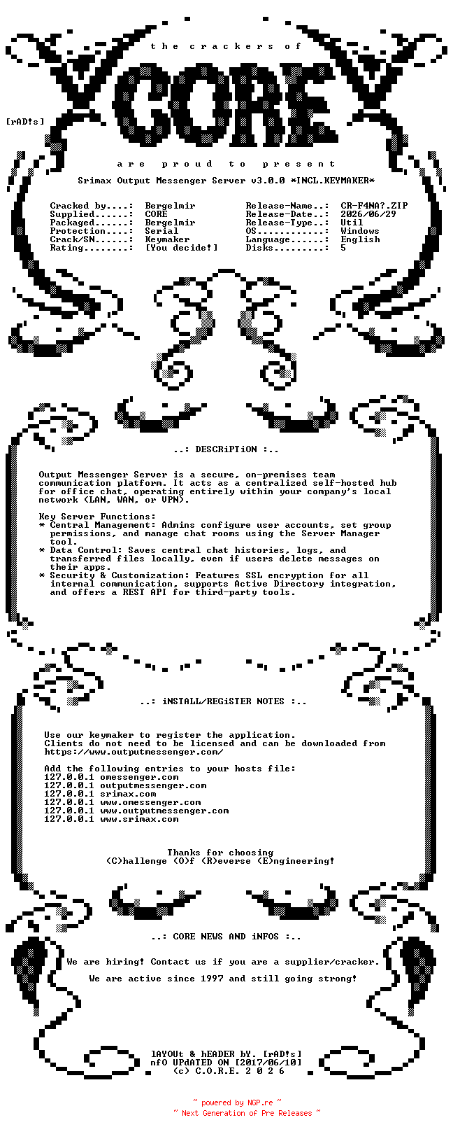 NFO for the release Srimax.Output.Messenger.Server.v3.0.0.x64.Incl.Keymaker-CORE by CORE