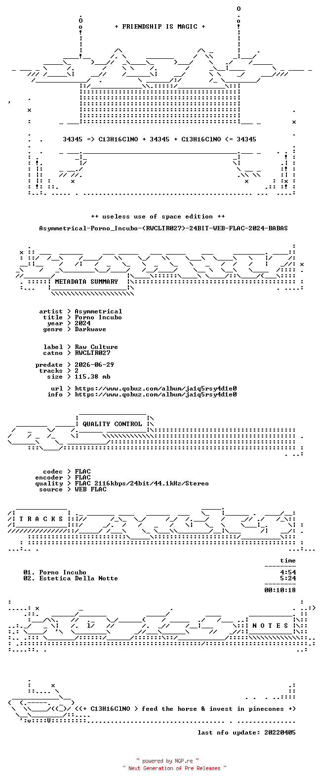 NFO for the release Asymmetrical-Porno_Incubo-(RWCLTR027)-24BIT-WEB-FLAC-2024-BABAS by BABAS