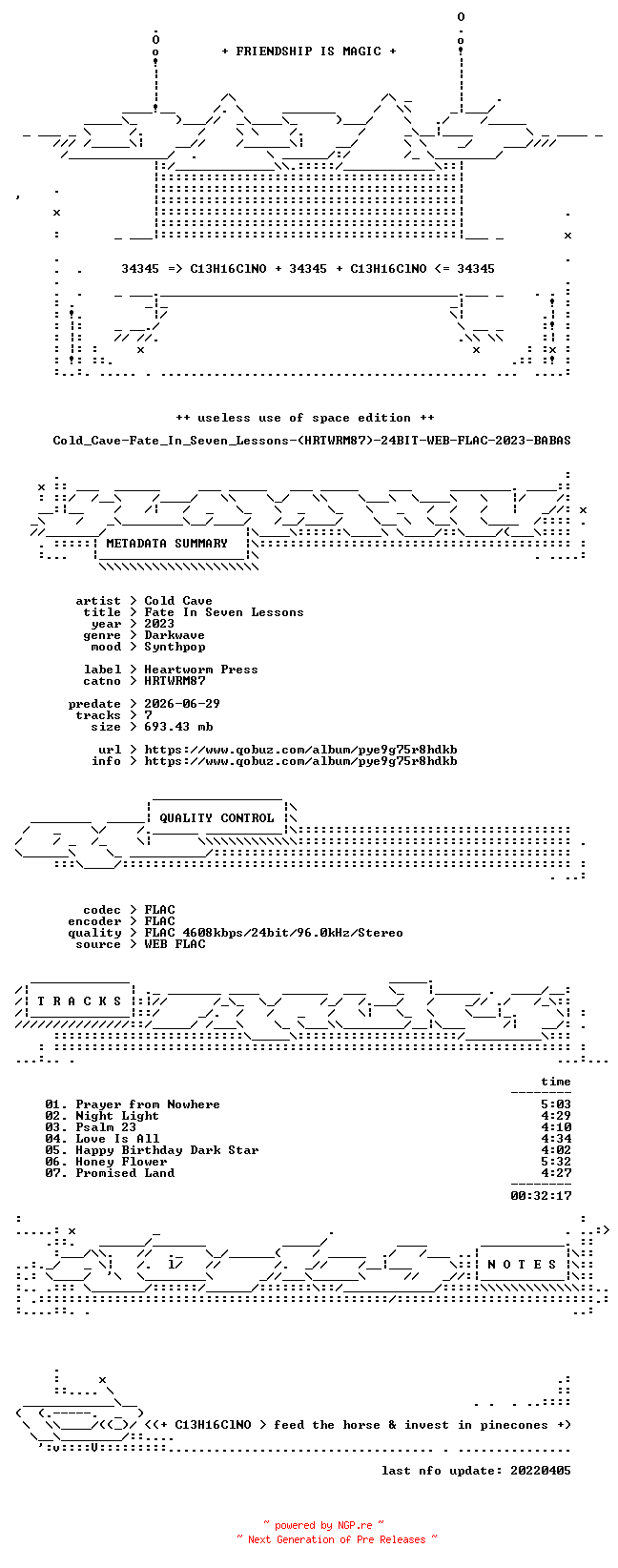 NFO for the release Cold_Cave-Fate_In_Seven_Lessons-(HRTWRM87)-24BIT-WEB-FLAC-2023-BABAS by BABAS