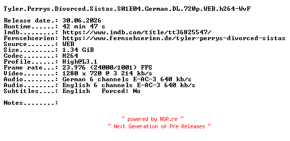 NFO for the release Tyler.Perrys.Divorced.Sistas.S01E04.German.DL.720p.WEB.h264-WvF by WvF