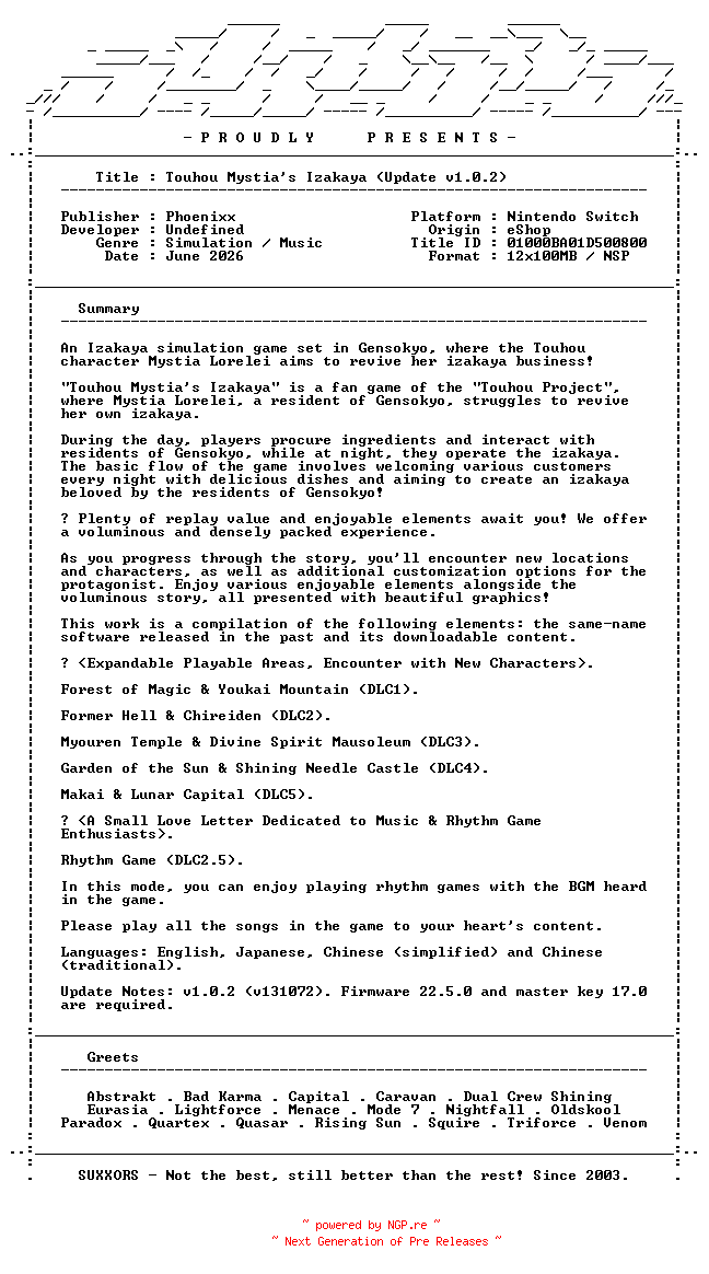 NFO for the release Touhou_Mystias_Izakaya_Update_v1.0.2_NSW-SUXXORS by SUXXORS