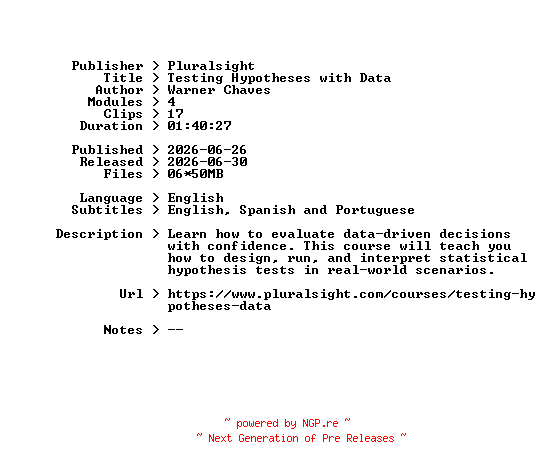 NFO for the release Pluralsight.Testing.Hypotheses.with.Data.2026.BOOKWARE-GETH by GETH