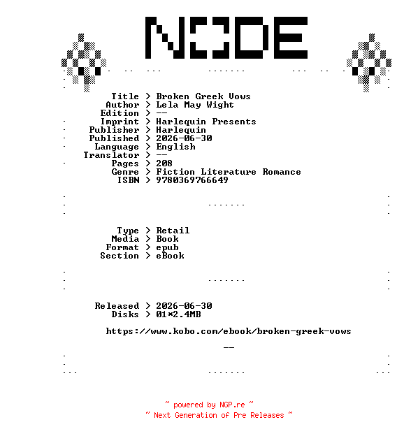 NFO for the release Lela.May.Wight.Broken.Greek.Vows.2026.RETAiL.EPUB.eBook-NODE by NODE