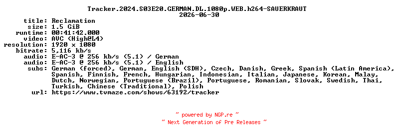 NFO for the release Tracker.2024.S03E20.GERMAN.DL.1080p.WEB.h264-SAUERKRAUT by SAUERKRAUT