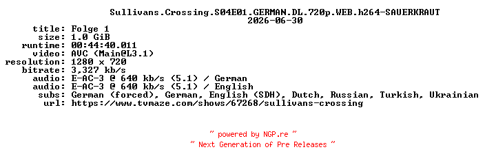 NFO for the release Sullivans.Crossing.S04E01.GERMAN.DL.720p.WEB.h264-SAUERKRAUT by SAUERKRAUT
