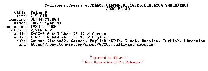 NFO for the release Sullivans.Crossing.S04E08.GERMAN.DL.1080p.WEB.h264-SAUERKRAUT by SAUERKRAUT
