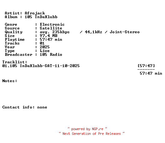 NFO for the release Afrojack-105_InDaKlubb-SAT-11-10-2025-LFA by LFA