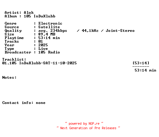 NFO for the release Alok-105_InDaKlubb-SAT-11-10-2025-LFA by LFA