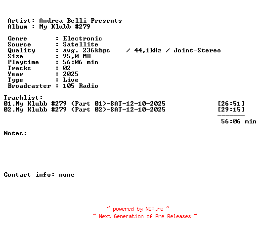NFO for the release Andrea_Belli_Presents-My_Klubb_279-SAT-12-10-2025-LFA by LFA