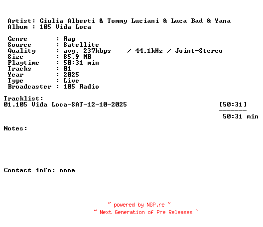 NFO for the release Giulia_Alberti_and_Tommy_Luciani_and_Luca_Bad_and_Yana-105_Vida_Loca-SAT-12-10-2025-LFA by LFA