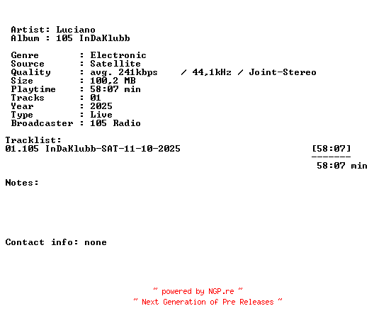 NFO for the release Luciano-105_InDaKlubb-SAT-11-10-2025-LFA by LFA