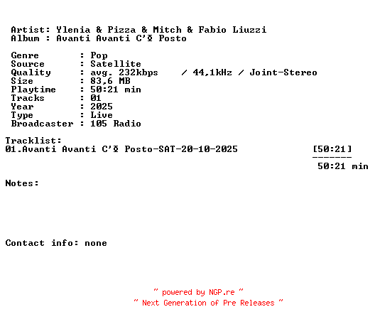 NFO for the release Ylenia_and_Pizza_and_Mitch_and_Fabio_Liuzzi-Avanti_Avanti_Ce_Posto-SAT-20-10-2025-LFA by LFA