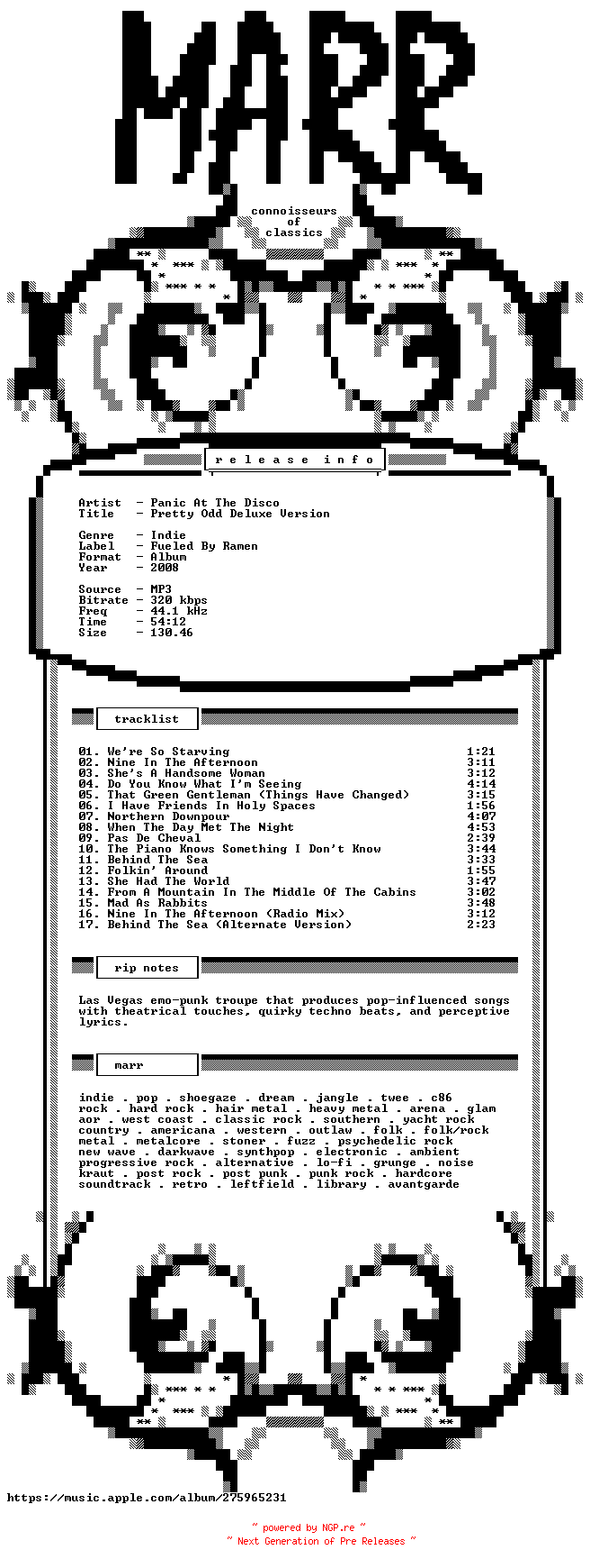 NFO for the release Panic_At_The_Disco-Pretty_Odd_Deluxe_Version-WEB-2008-MARR by MARR