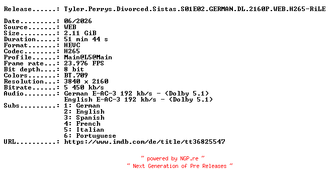 NFO for the release Tyler.Perrys.Divorced.Sistas.S01E02.GERMAN.DL.2160P.WEB.H265-RiLE by RiLE