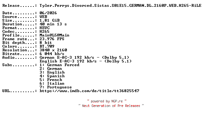 NFO for the release Tyler.Perrys.Divorced.Sistas.S01E15.GERMAN.DL.2160P.WEB.H265-RiLE by RiLE