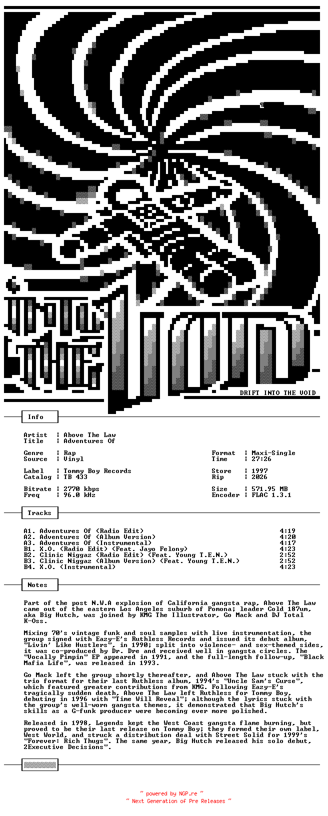 NFO for the release Above_The_Law-Adventures_Of-Promo-VLS-FLAC-1997-THEVOiD by THEVOiD