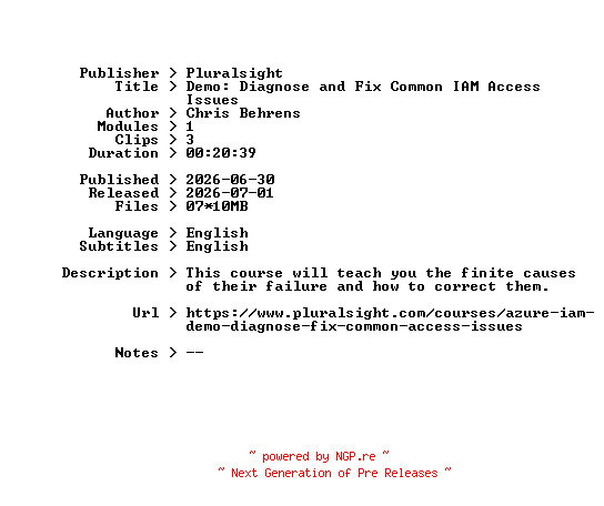 NFO for the release Pluralsight.Demo.Diagnose.and.Fix.Common.IAM.Access.Issues.2026.BOOKWARE-GETH by GETH