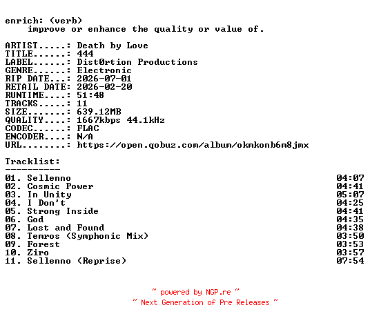 NFO for the release Death_by_Love-444-24BIT-WEB-FLAC-2026-ENRiCH by ENRiCH