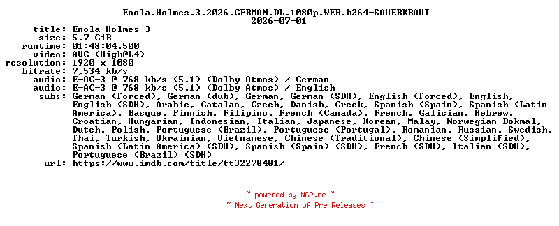 NFO for the release Enola.Holmes.3.2026.GERMAN.DL.1080p.WEB.h264-SAUERKRAUT by SAUERKRAUT