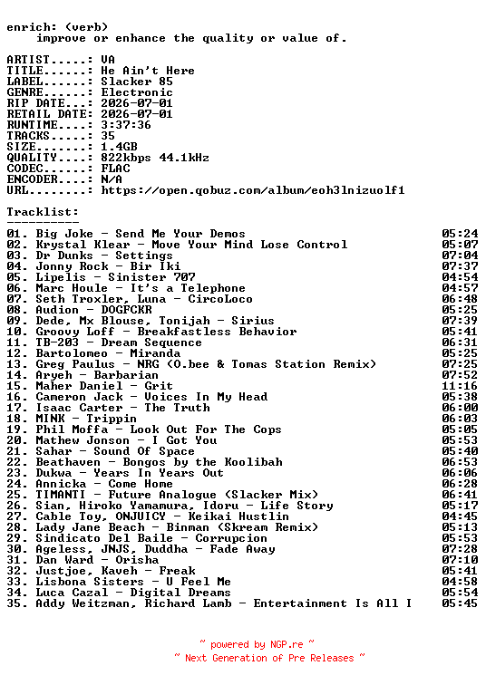 NFO for the release VA-He_Aint_Here-16BIT-WEB-FLAC-2026-ENRiCH by ENRiCH