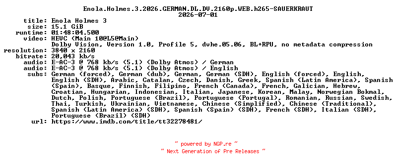 NFO for the release Enola.Holmes.3.2026.GERMAN.DL.DV.2160p.WEB.h265-SAUERKRAUT by SAUERKRAUT