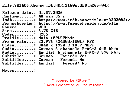 NFO for the release Elle.S01E06.German.DL.HDR.2160p.WEB.h265-W4K by W4K