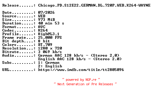 NFO for the release Chicago.PD.S12E22.GERMAN.DL.720P.WEB.X264-WAYNE by WAYNE